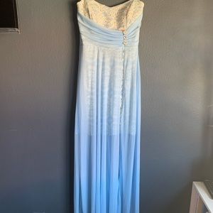 Strapless blue prom dress